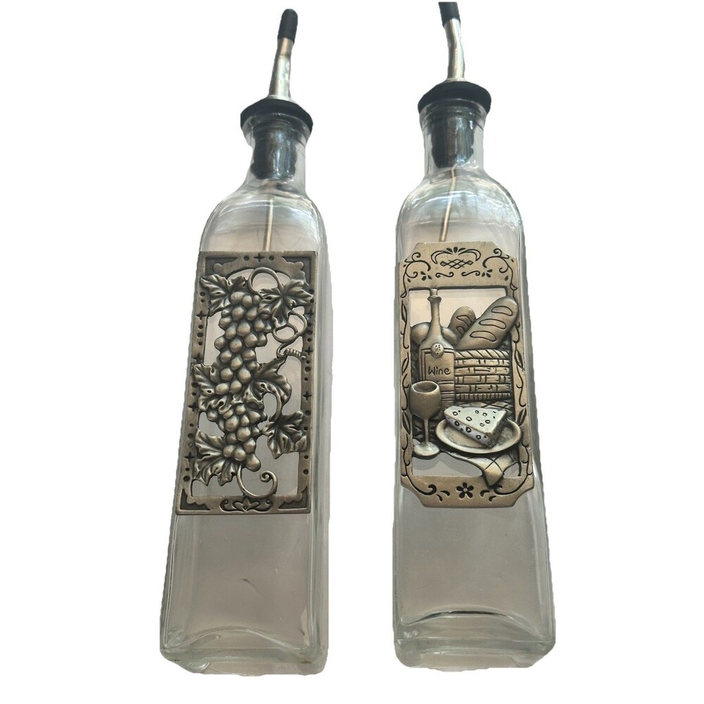 Ganz Bella Casa Oil Vinegar Cruet Bottles Pewter Glass Tuscan Wine Grapes
